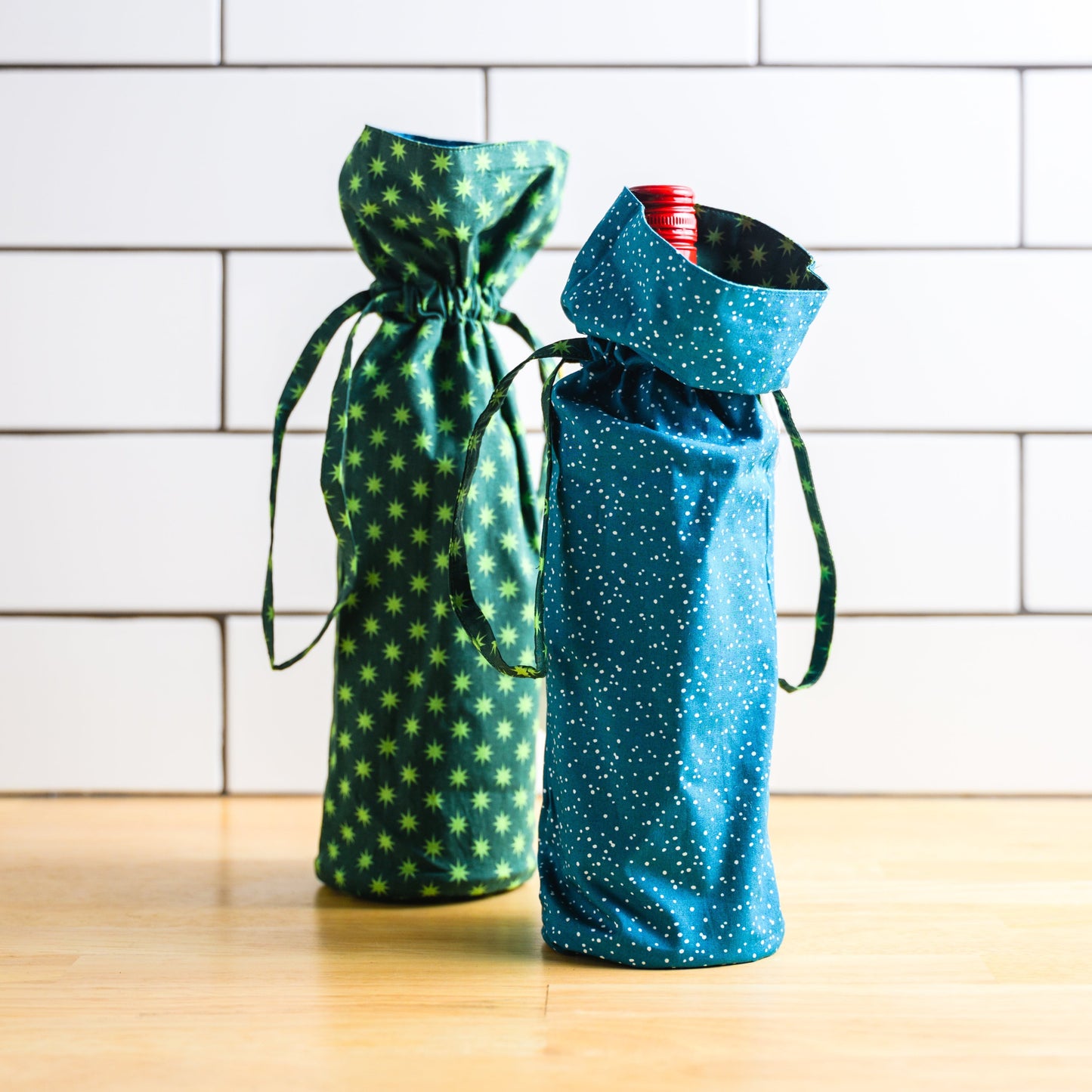 100% Cotton Reusable Reversible Fabric Gift Bag - Wine Bottle